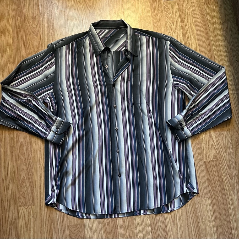 Tommy Bahama Silk Blend Long Sleeve Button Shirt Mens XL Purple Vertical Stripe